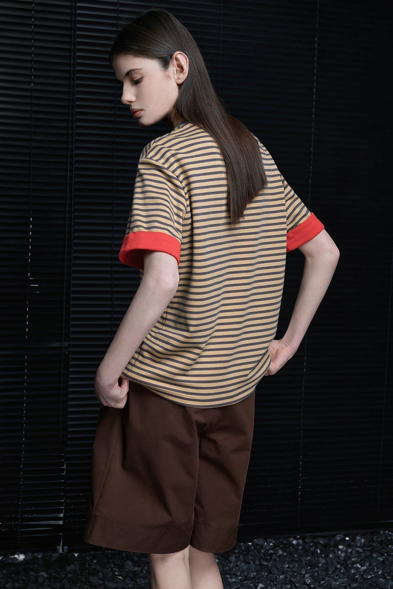 コーヒーストライプロールヘム半袖Tシャツ　B4711