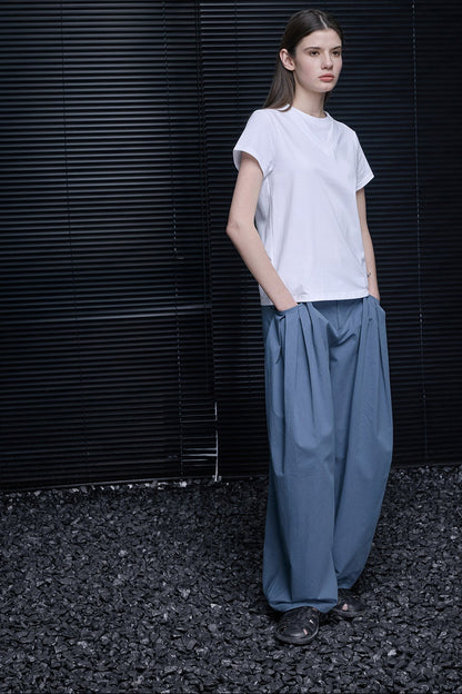 ホワイトコットンユニークダブルカラーTシャツ　B4733