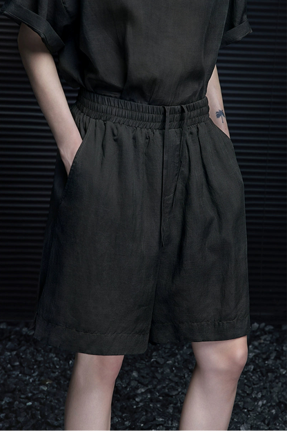 Gray-green linen blend handsome half-length pants B3994