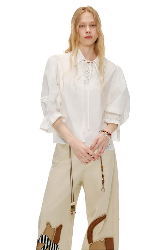 ホワイトランタンスリーブリボンシャツ　B4598