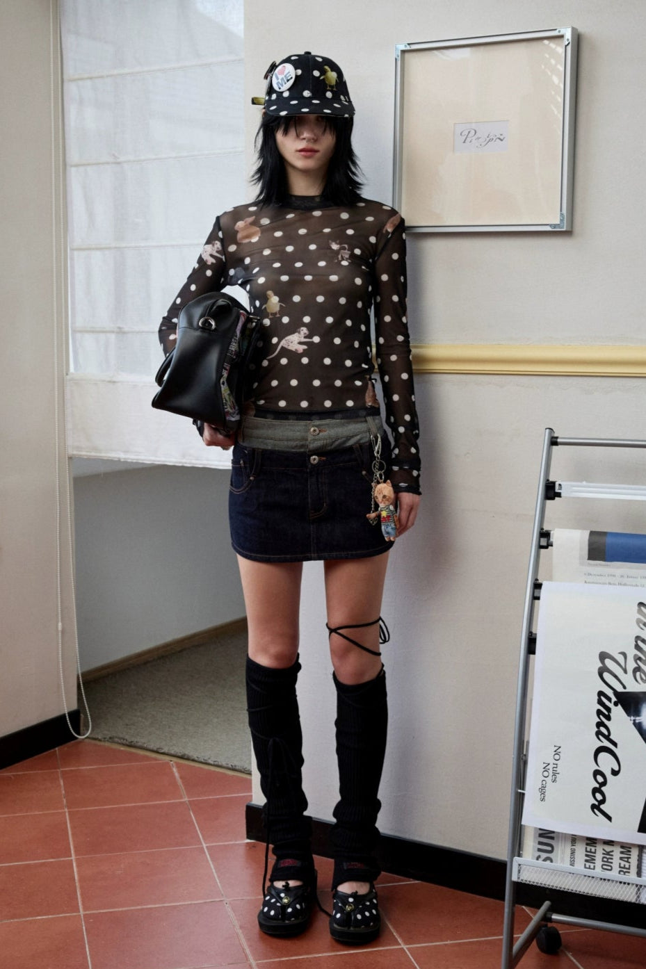 Cat &amp; Dog Dot Print Mesh Shirt B4322