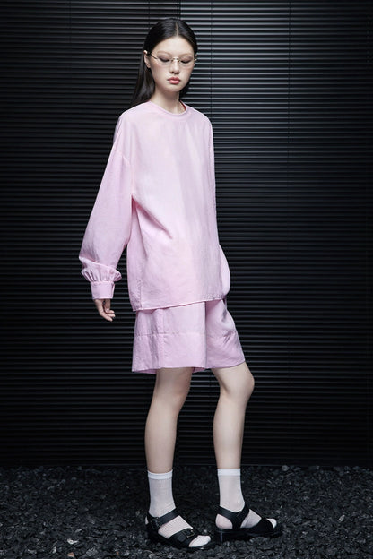 ピンクテンセルリネン長袖カジュアルTシャツ　B4067