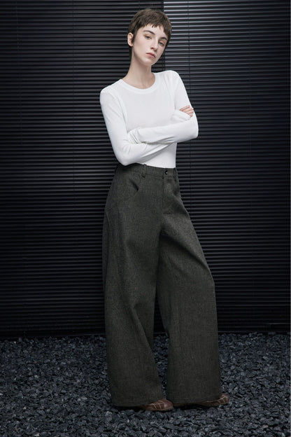 レトログリーンウール混ワイドパンツ　B4538