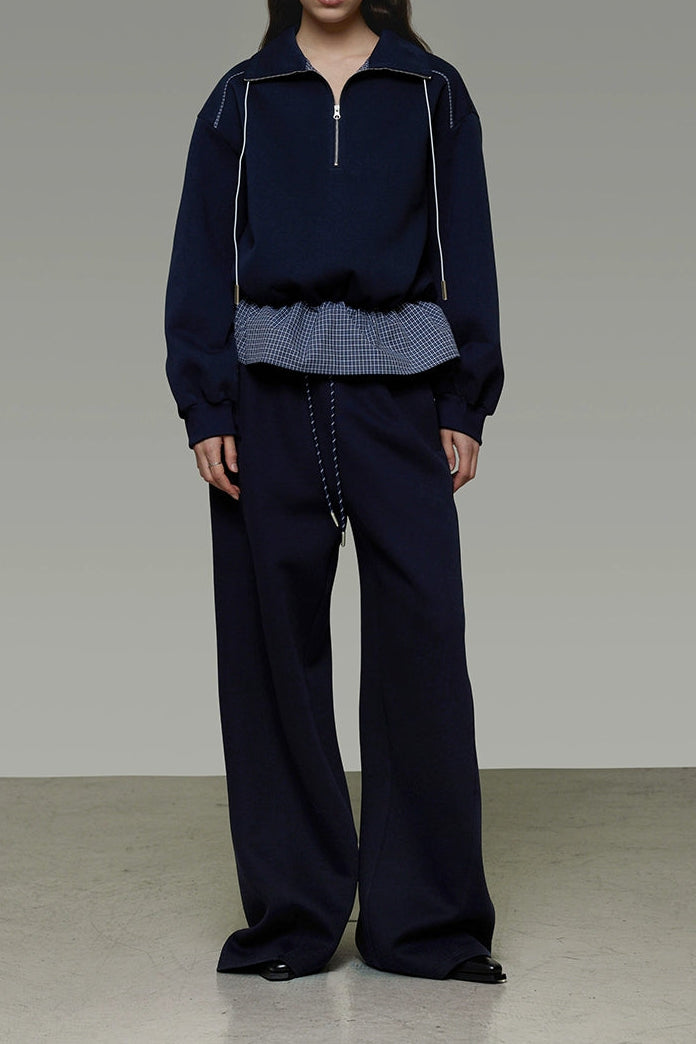 海軍藍抽繩寬鬆闊腿褲 B4440