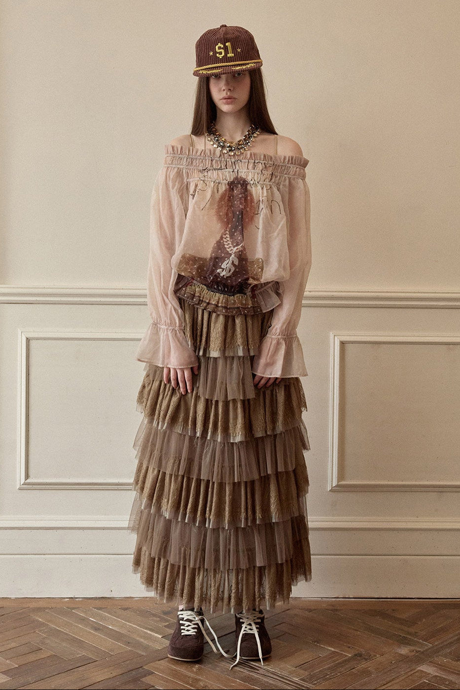 ドッグラブワンショルダーシフォンプリントトップス　B4643