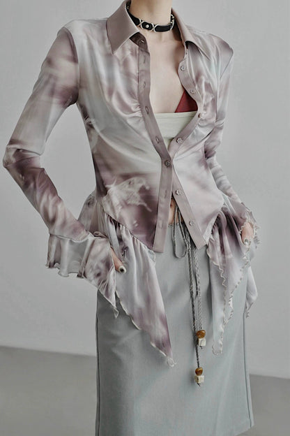 蝴蝶印花腰部荷葉邊襯衫 B4257