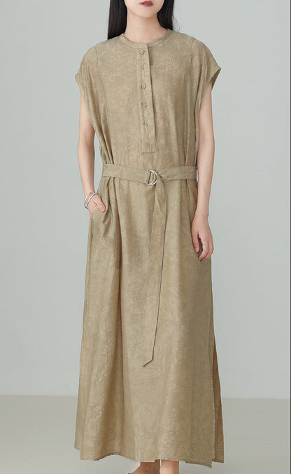 Linen Tencel Jacquard Slit Dress B4895