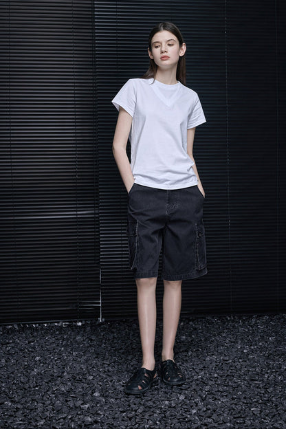 ホワイトコットンユニークダブルカラーTシャツ　B4733