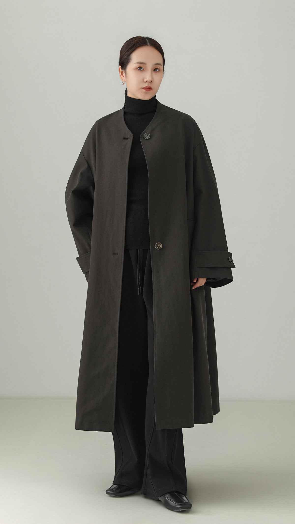 Tencel Cotton No-Collar Long Coat B5009