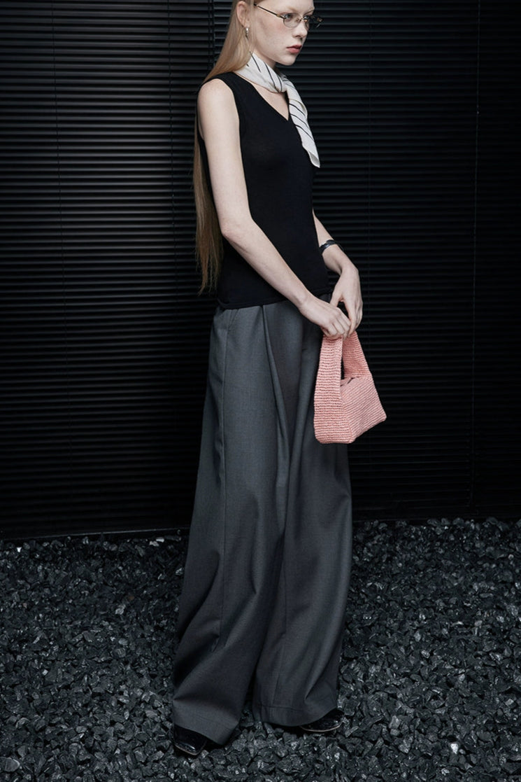 灰色中腰帥氣闊腿褲 B4116