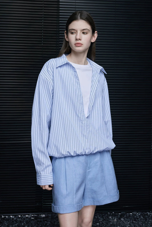 ストライプVネックフェイクツーピースシャツ　B4714