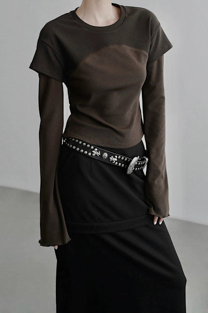 Fake two-piece flared long-sleeved T-shirt B4344
