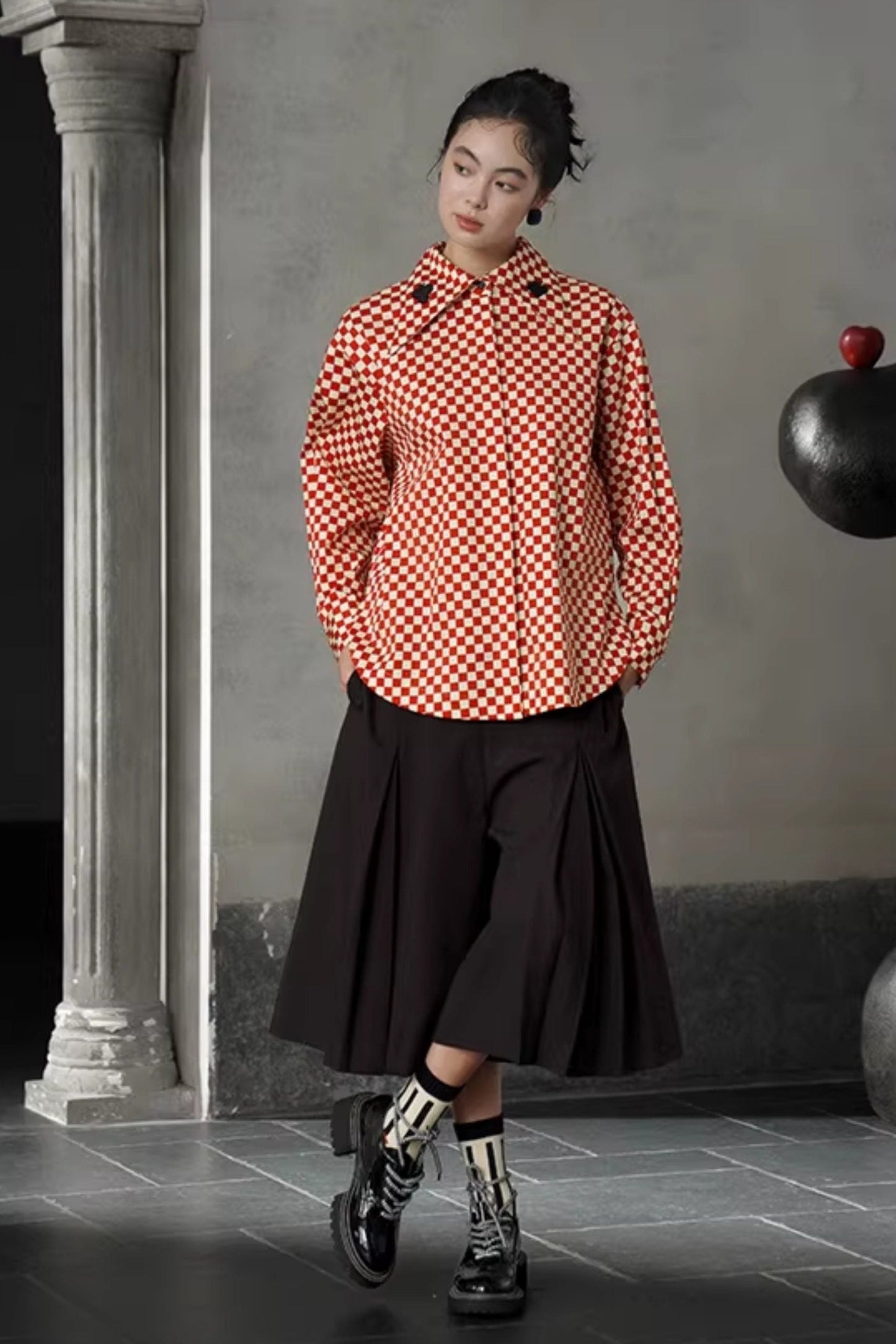 レトロチェック柄トランプ刺繡ラペルシャツ　B4582