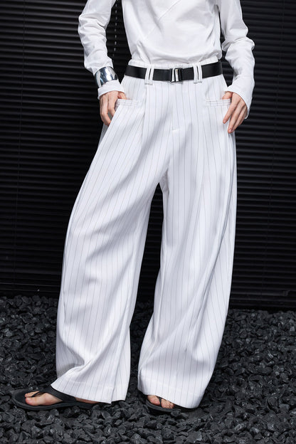 White Stripe High-Waisted Wide-Leg Pants B4952