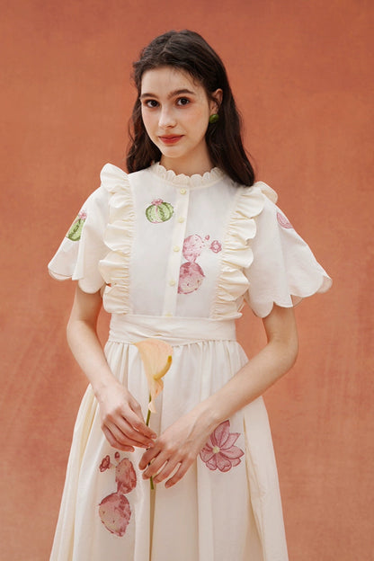 サボテンプリントスカラップフレンチヴィンテージ刺繡ドレス　B3932