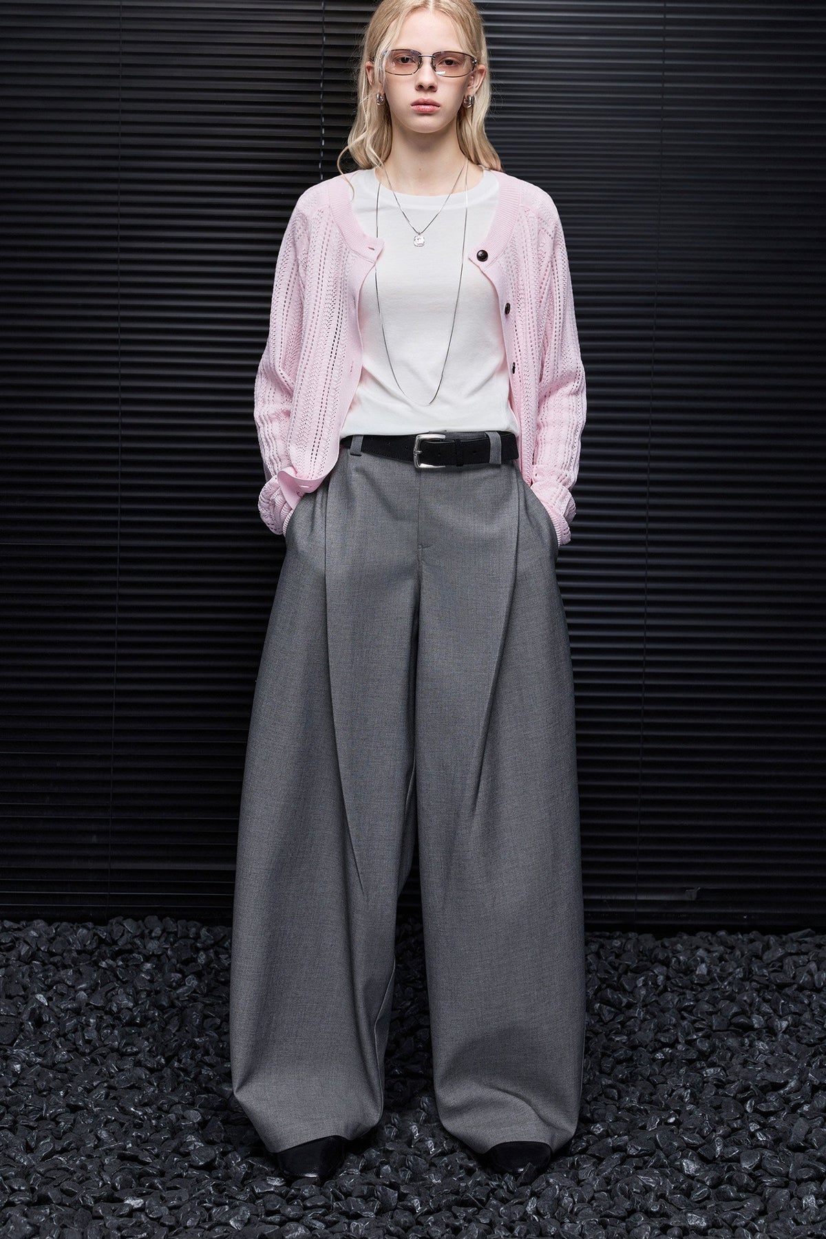 Gray High-Waisted Drape Wide-Leg Pants B5018