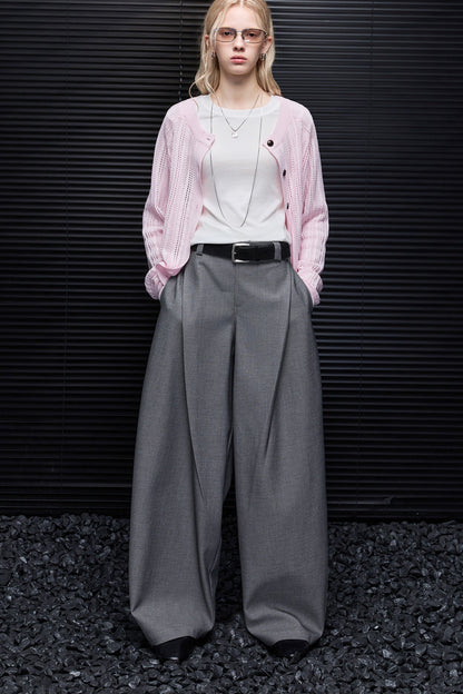 Gray High-Waisted Drape Wide-Leg Pants B5018