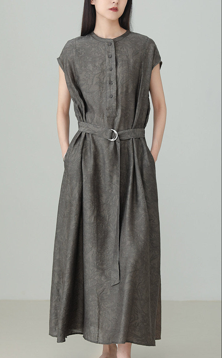 Linen Tencel Jacquard Slit Dress B4895