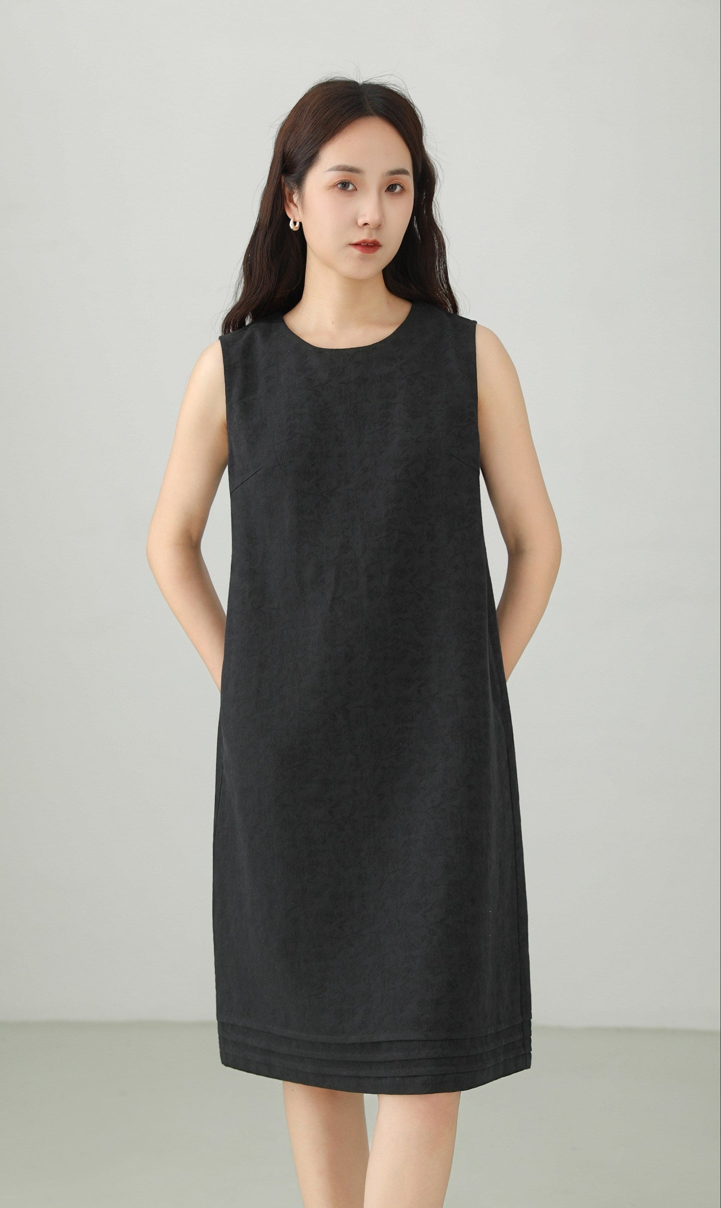 Linen Blend Jacquard Sleeveless Midi Dress B4891