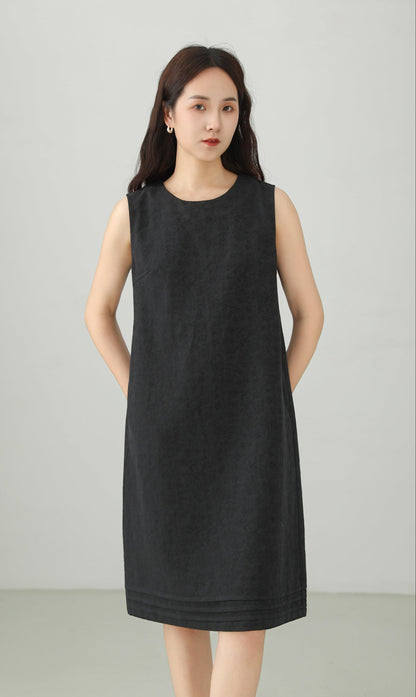 Linen Blend Jacquard Sleeveless Midi Dress B4891