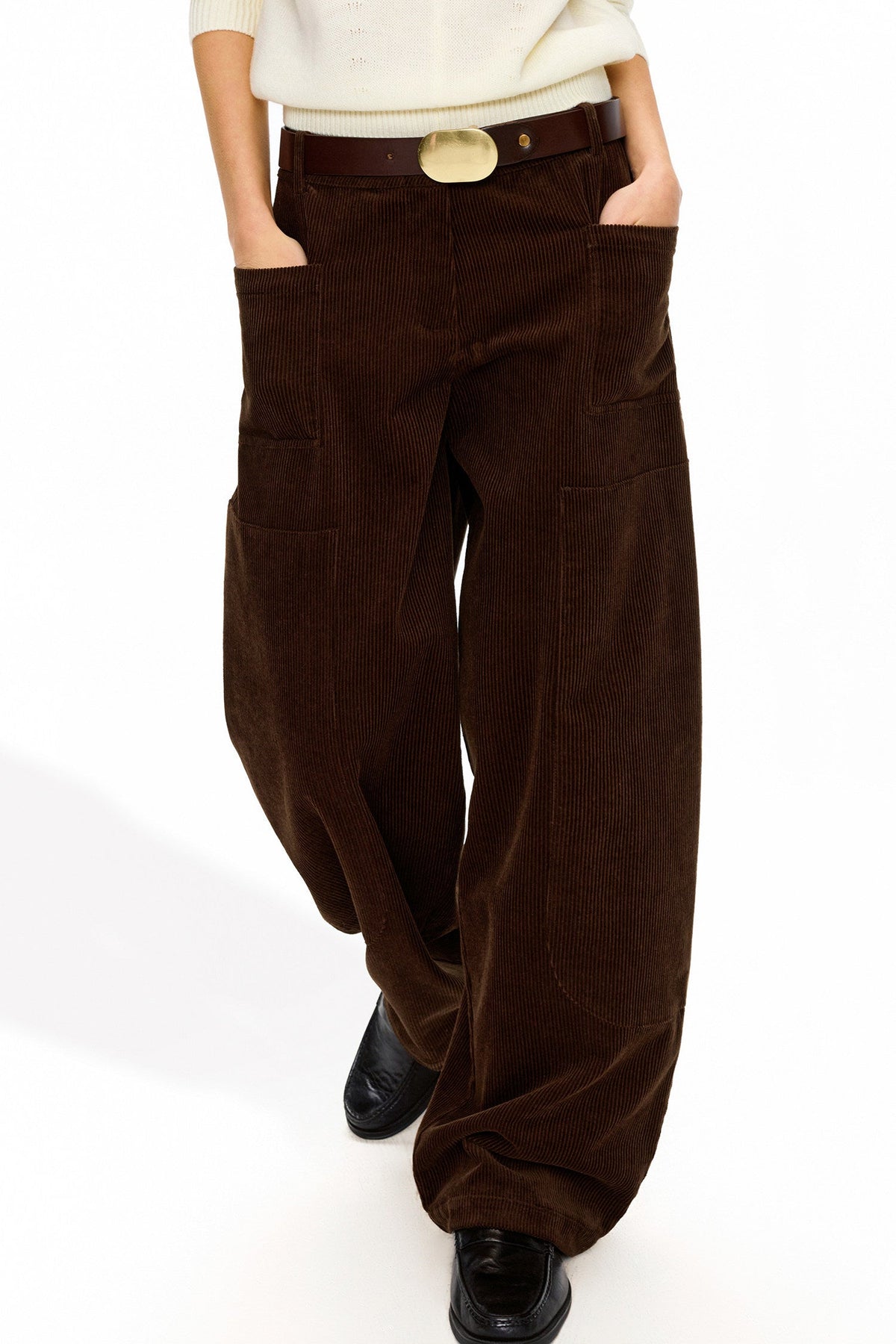Dark brown 100% cotton corduroy wide cargo pants B5014