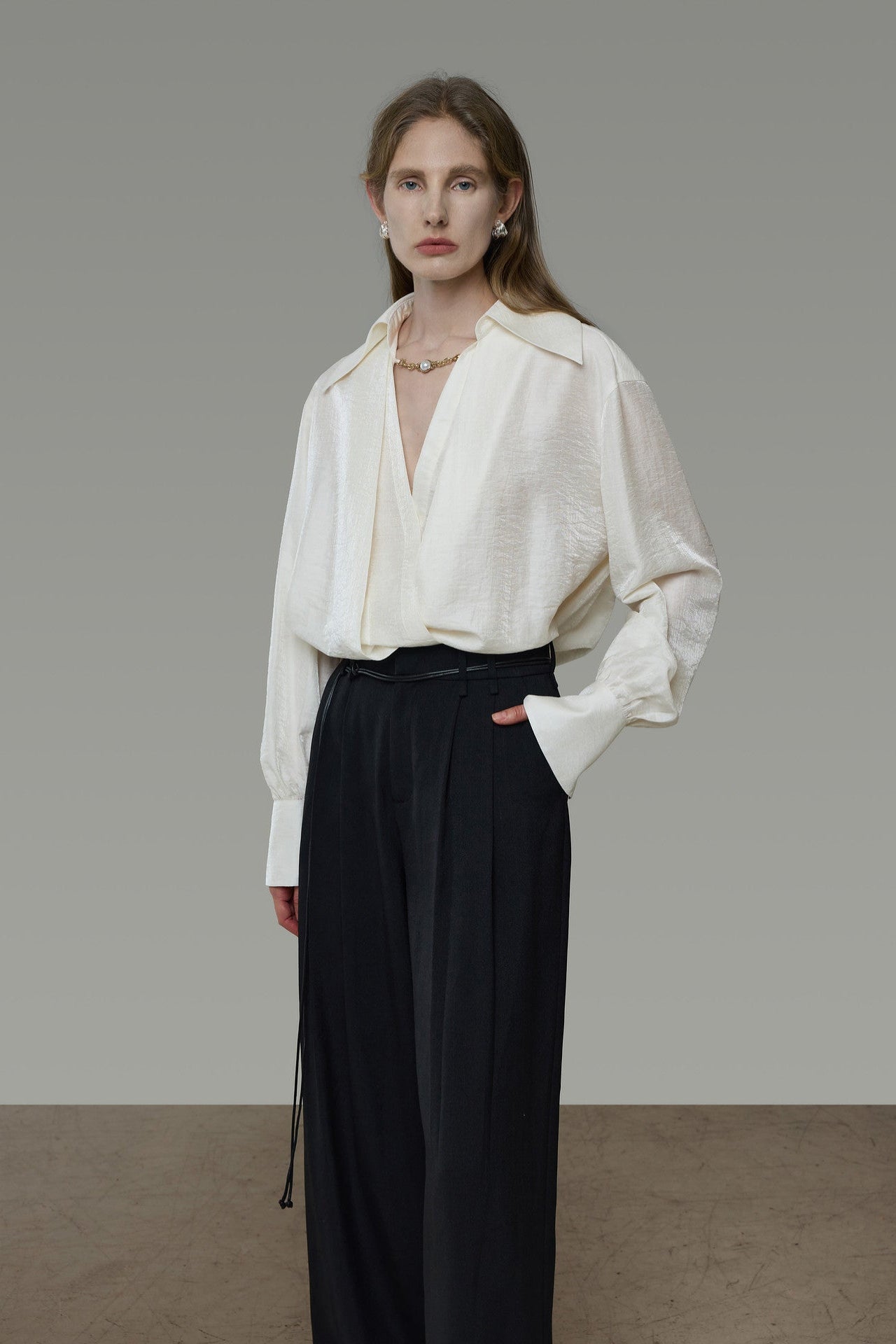Cross-Wrap Design Faux Layered V-Neck Shirt B4937