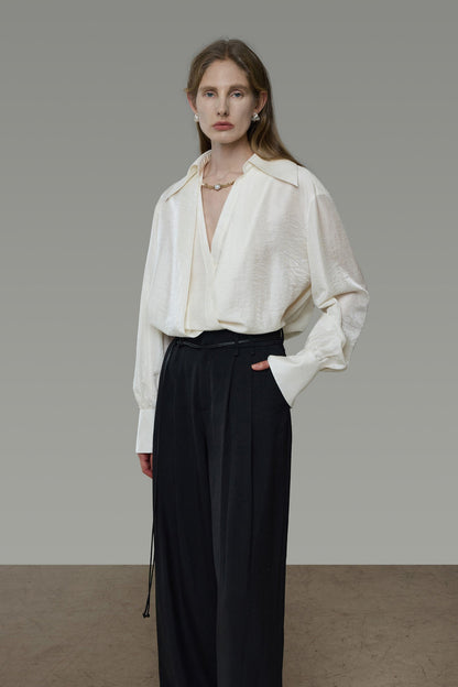 Cross-Wrap Design Faux Layered V-Neck Shirt B4937