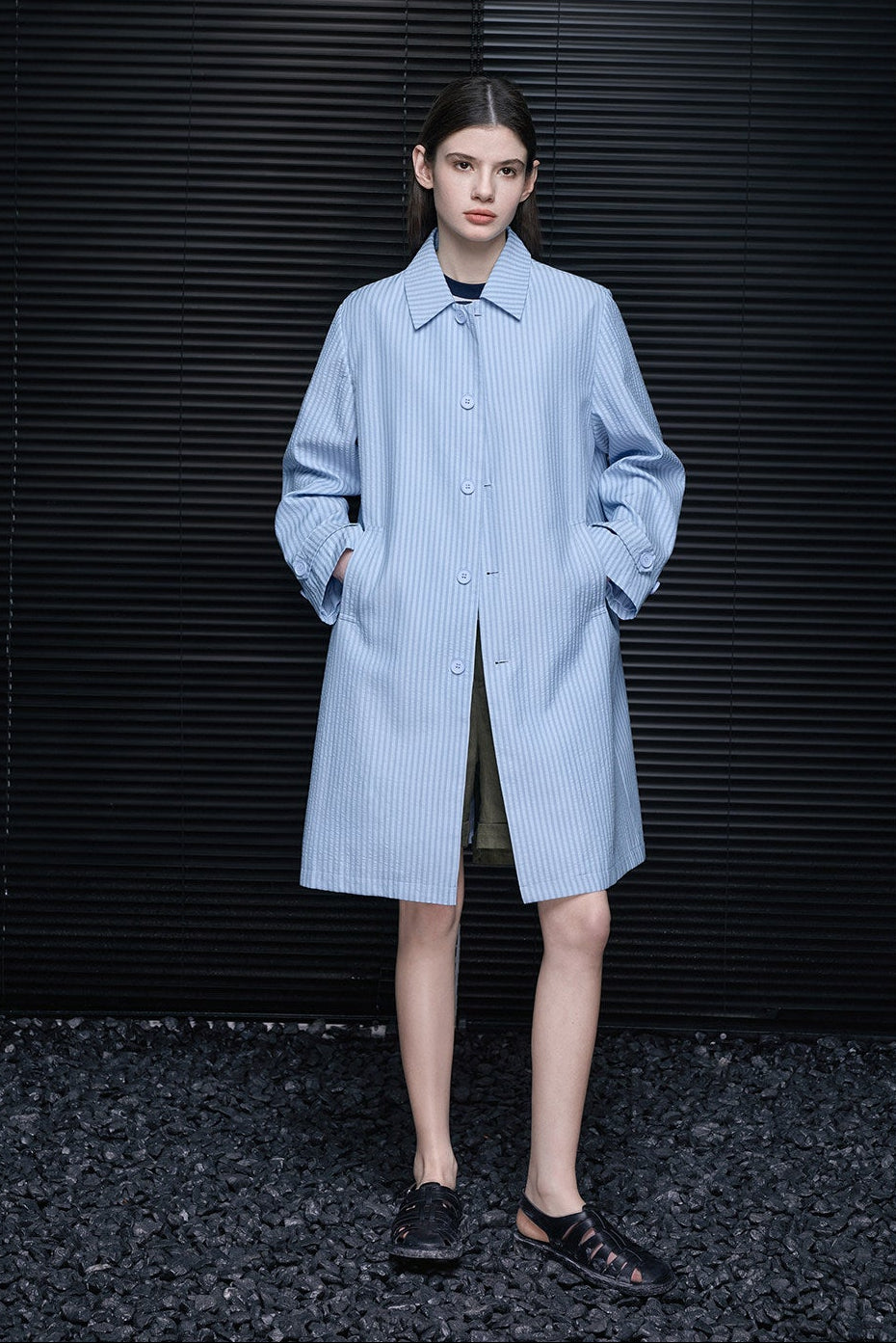 Sax Blue Puff Stripe Mid-Length Coat B4713