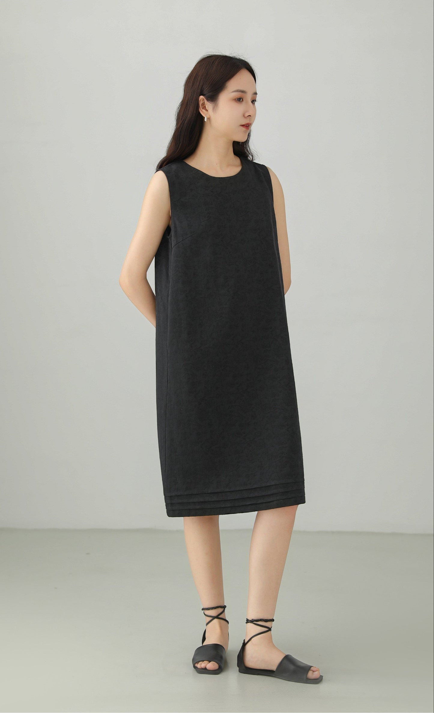 Linen Blend Jacquard Sleeveless Midi Dress B4891