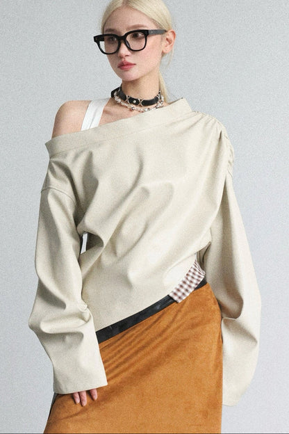 PU asymmetrical diagonal collar cover-up top B4647
