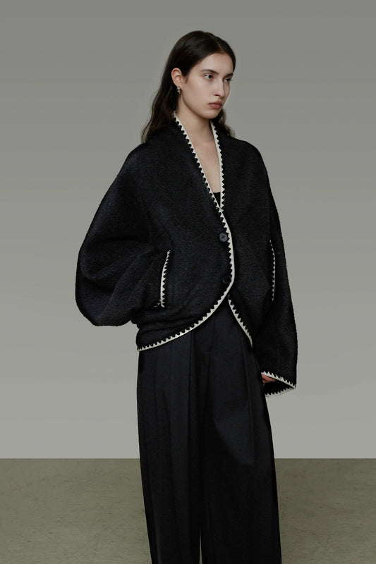 カラーブロックドロップショルダーウール混コート　B4489