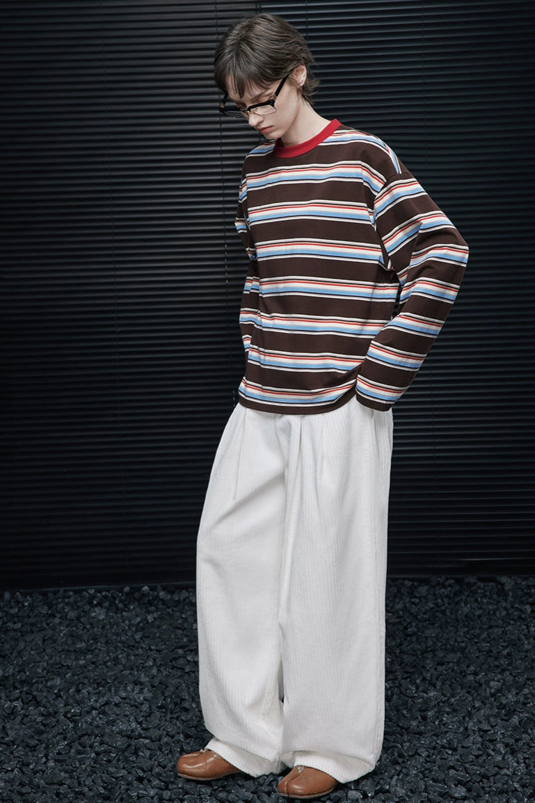 コットンストライプドロップショルダー長袖Ｔシャツ　B4355