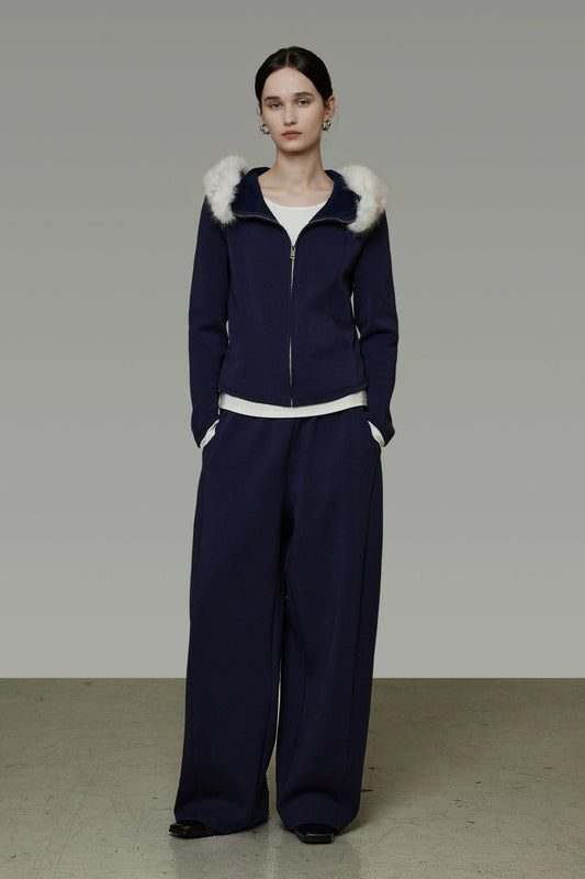 ファーカラーフェイクツーピーストップス・クロップドパンツセットアップ　B4511