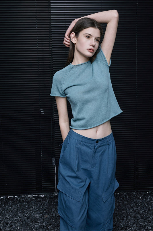 ロールエッジリネンコットンニット半袖Tシャツ　B4717