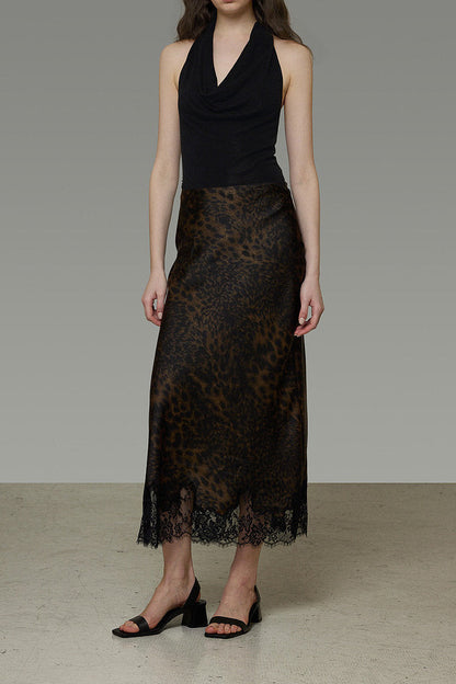 Leopard Lace Hem A-line Long Skirt B4770