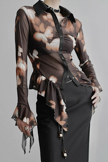 蝴蝶印花腰部荷葉邊襯衫 B4257