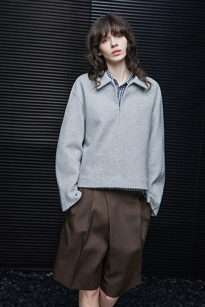 グレー起毛ルーズショートスウェットトップス　B4418