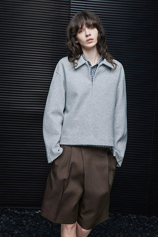 グレー起毛ルーズショートスウェットトップス　B4418