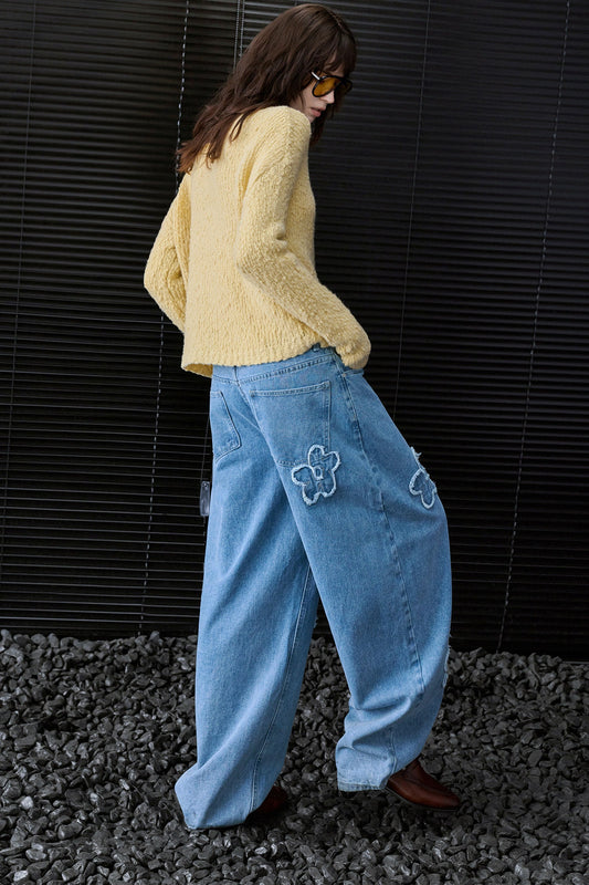 花柄パッチワーク刺繍 ハイウエストワイドデニム　B5020