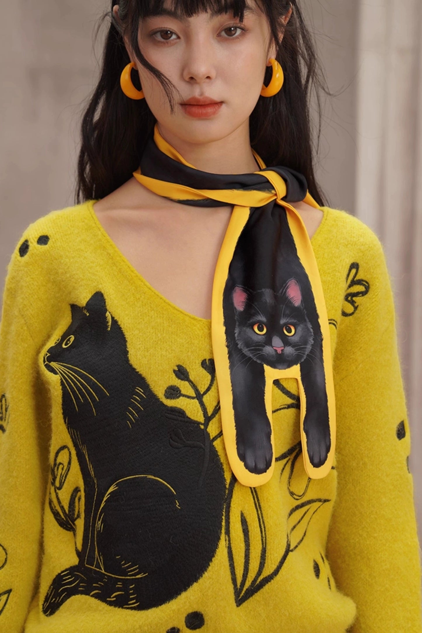 黒猫プリントスカーフ　B4453