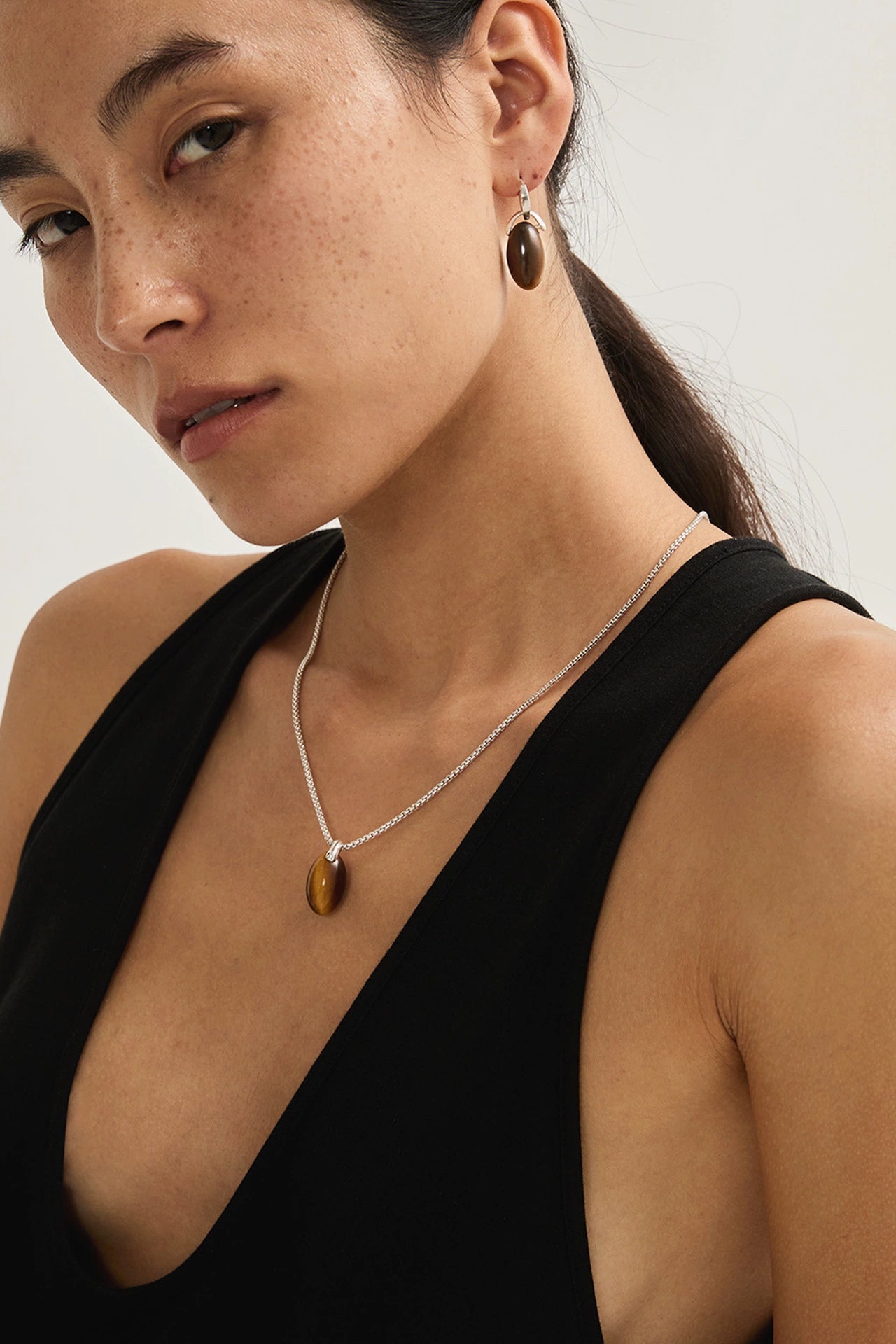 S925タイガーアイシングルビーズペンダントネックレス　B4282