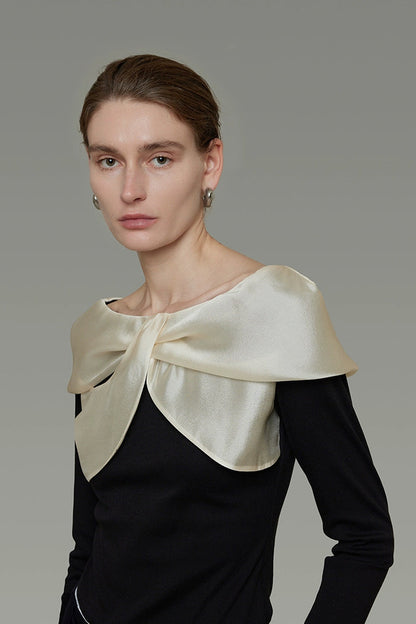 Satin patchwork off-shoulder knit top B4438