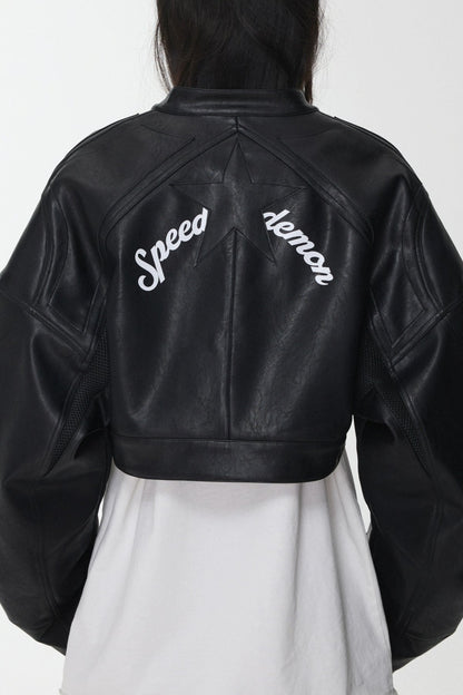 レタープリントフェイクレザーライダースクロップドジャケット　B4390