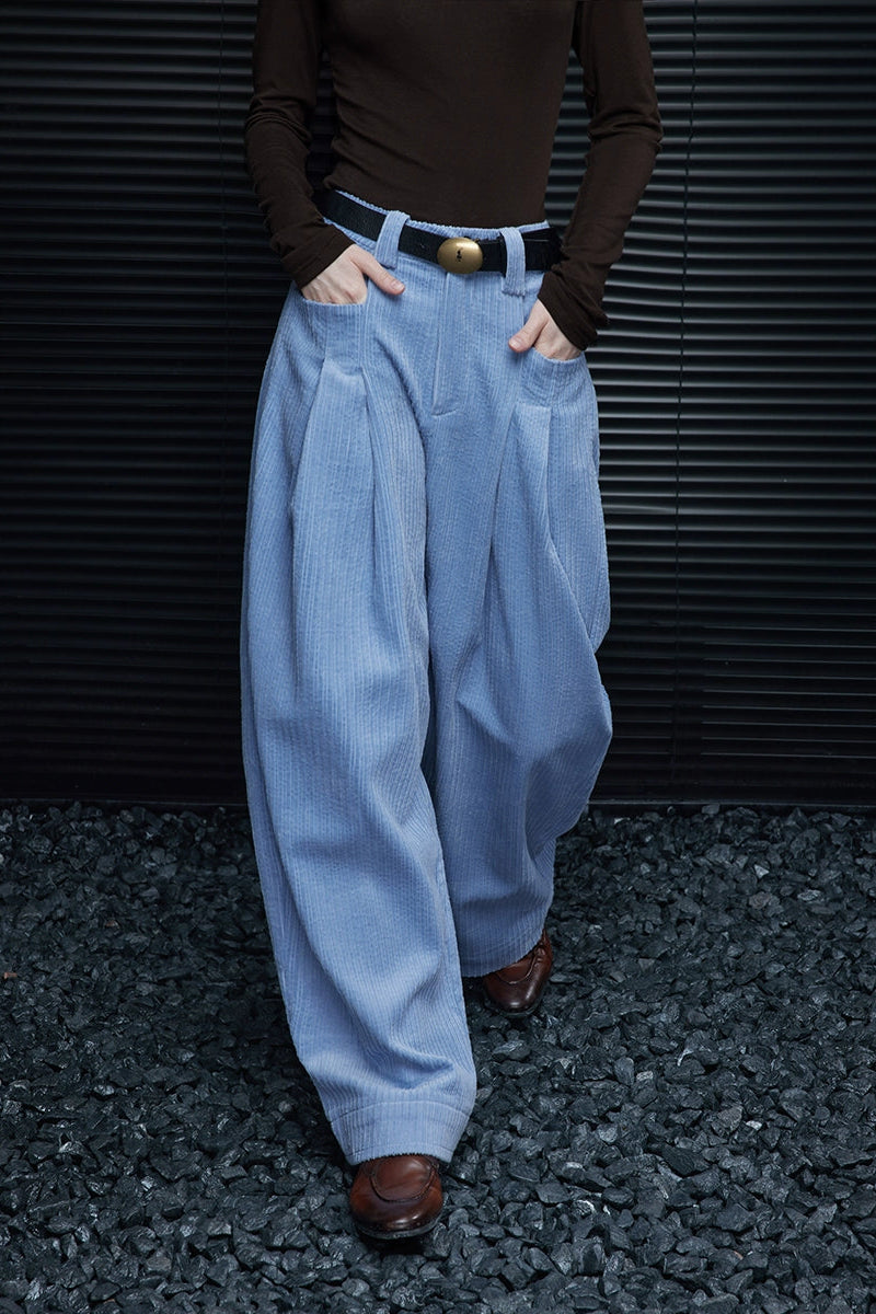 Blue corduroy lazy style wide pants B4372