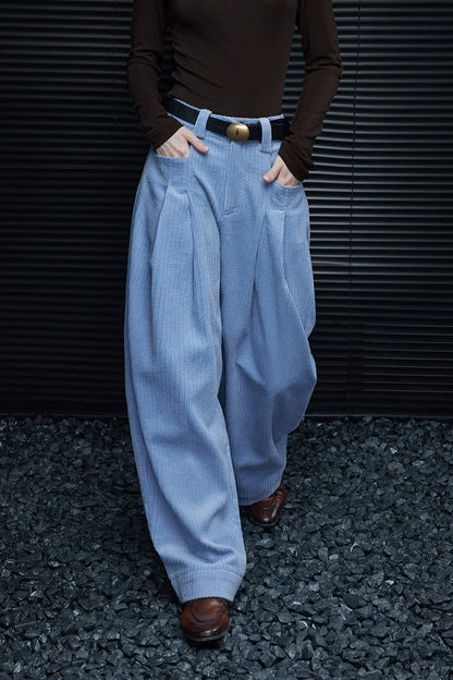 Blue corduroy lazy style wide pants B4372