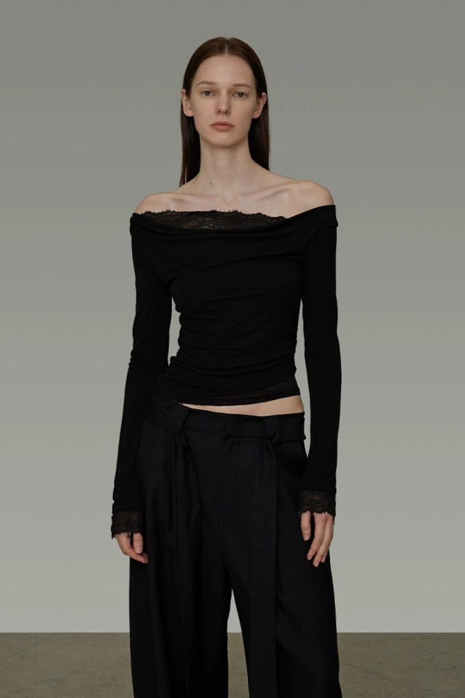 レースステッチワンショルダースリムトップス　B4195