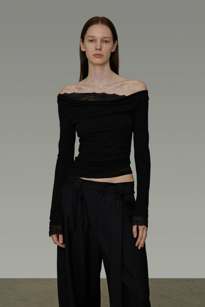 レースステッチワンショルダースリムトップス　B4195