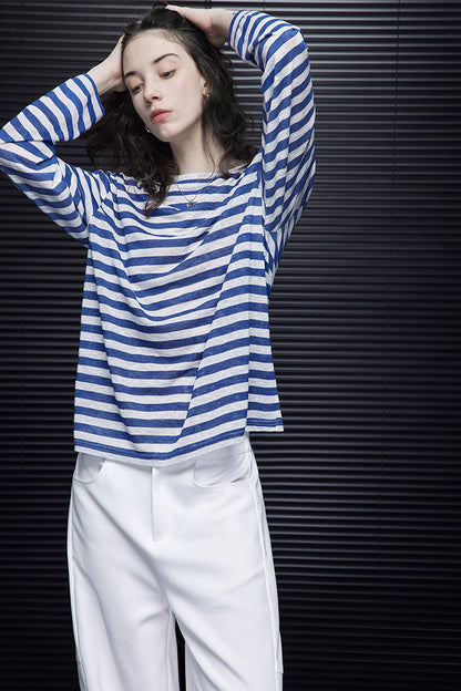 ストライプシンプルルーズ長袖Ｔシャツ　B4690