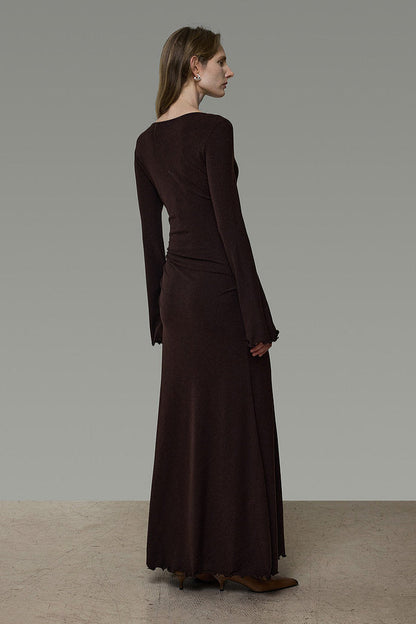 Bicolor Faux Layered Square Neck Flare Sleeve Dress B4940