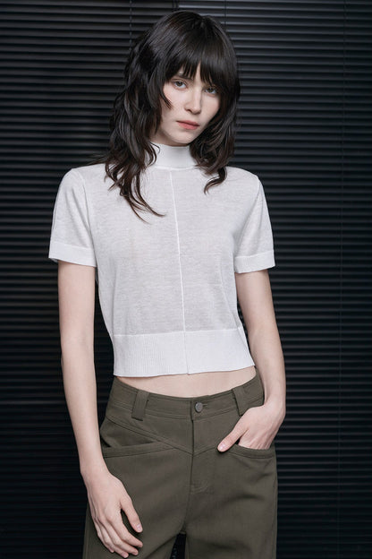 White High-Neck Short-Sleeve Knit Top B4710